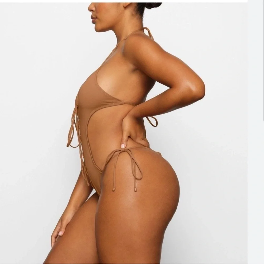 Women’s Tan Lace-Up One-Piece Swimsuit - Halter Tie